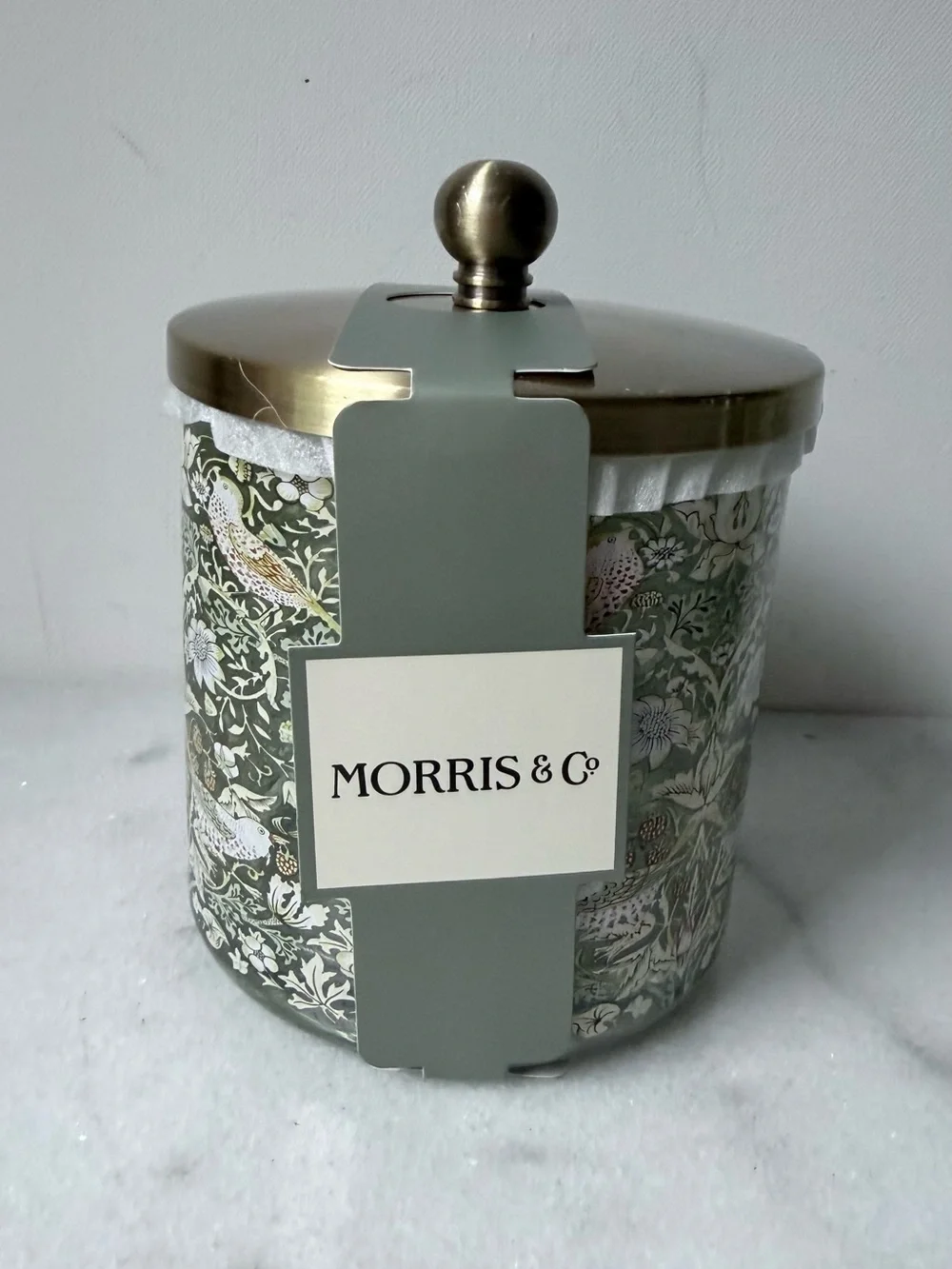 Morris & Co. Decorative canister- Sage Green & Gold strawberry thief’s pattern